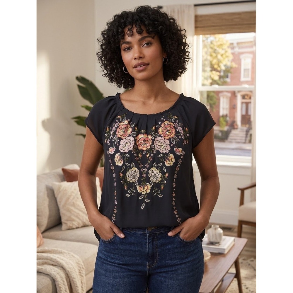 LC Lauren Conrad Floral Embroidered Tie Back Chiffon Blouse Black Large